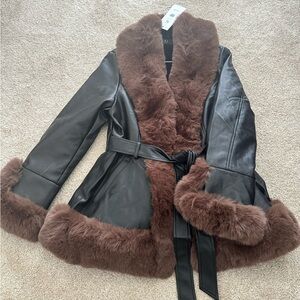 Brown Faux Fur-Trim Leather Jacket - Women